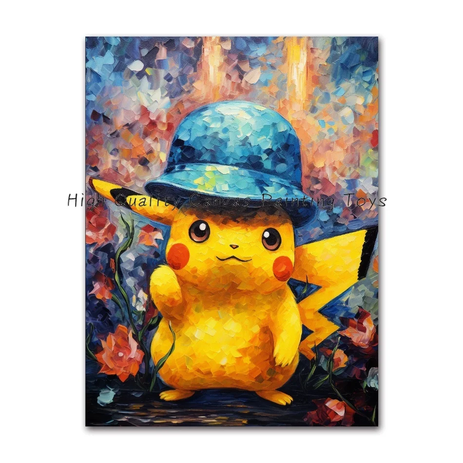 ภาพสีน้ำสไตล์โปเกมอนแวนโก๊ะรูปปั้นอะนิเมะ Pikachu โปสเตอร์ภาพวาดบุคคลผ้าใบพิมพ์ภาพศิลปะบนผนังห้องนั่งเล่น