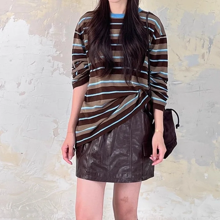 

Autumn New Style Versatile Loose Slimming Top Slim Fit Long Sleeve round Neck Wool T-Shirt Color Block Striped Base Shirt Early