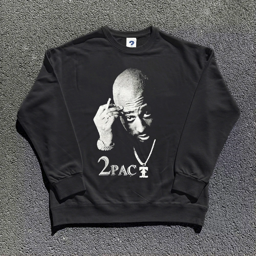 Rap Tupac 2pac Graphic Print Oversized Sweatshirt Harajuku Hip Hop Skateboard Y2K Clothes Fashion Black Pullover Mans Winter