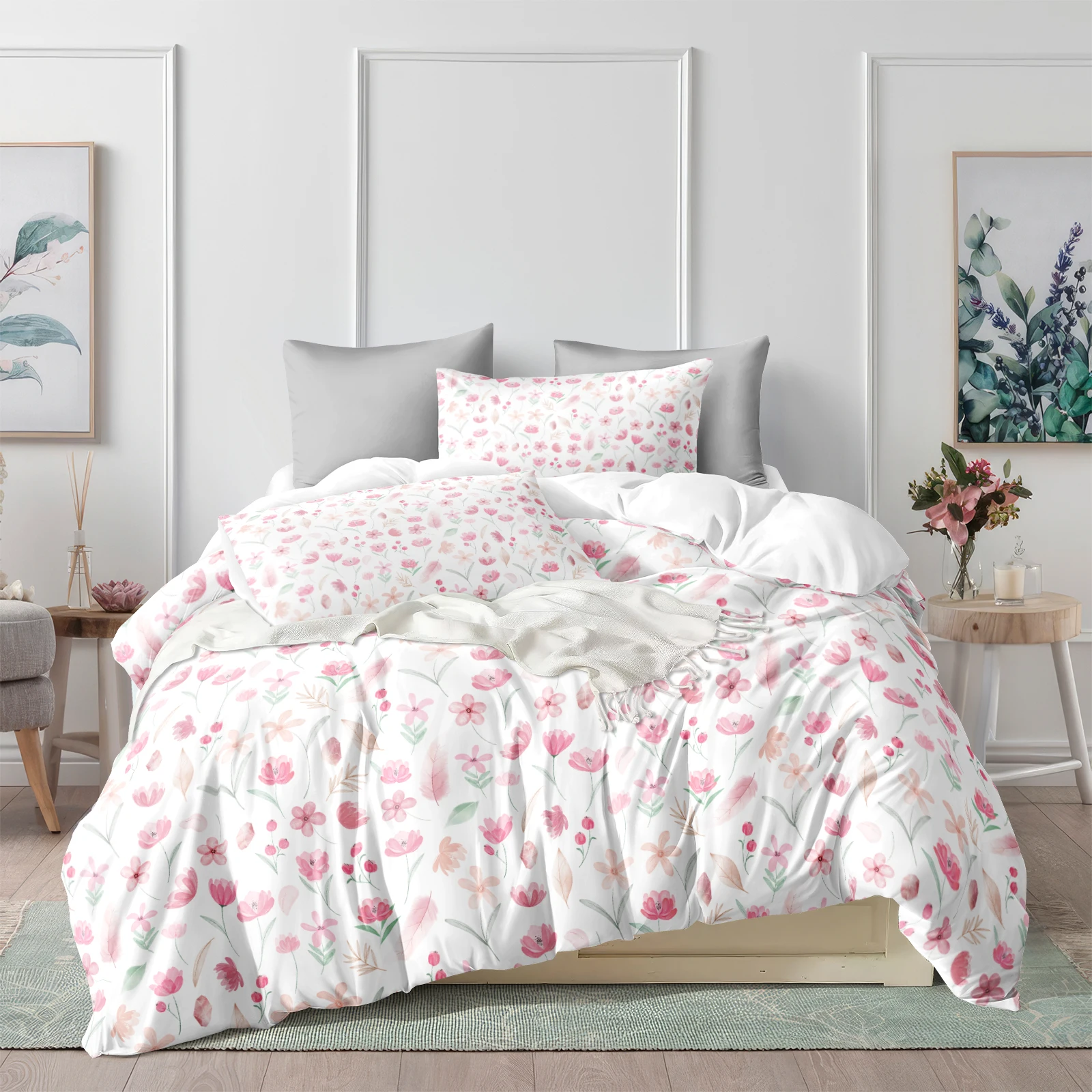 Flower Pink Duvet Cover Set Cottage Bedding Set Botanical Pastoral Bed Set Cute Romantic Bedding for Girls Adult Teens