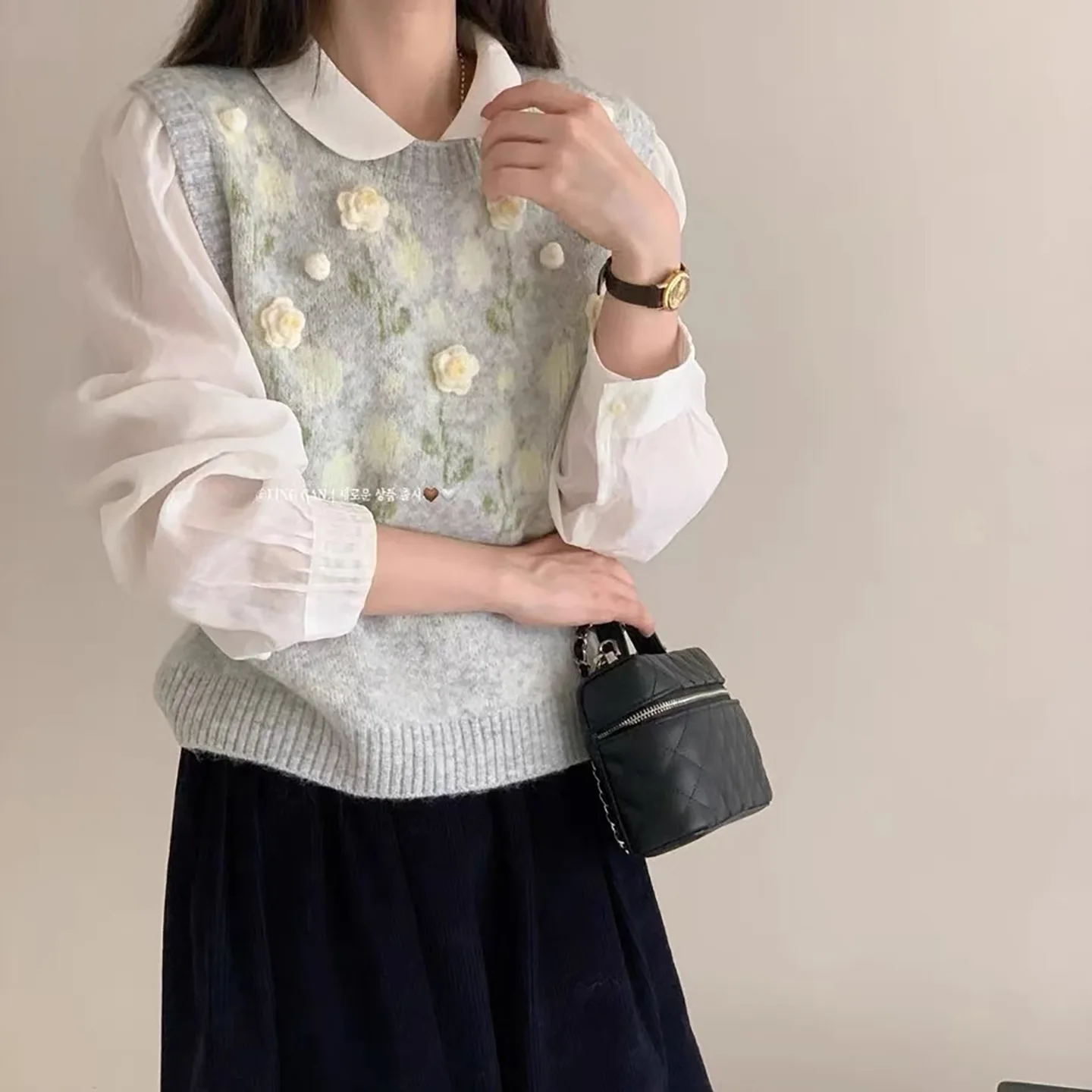 

Модный вязаный свободный жилет в корейском стиле с цветочным узором, универсальный свитер-топ для повседневной носки и многослойных образов