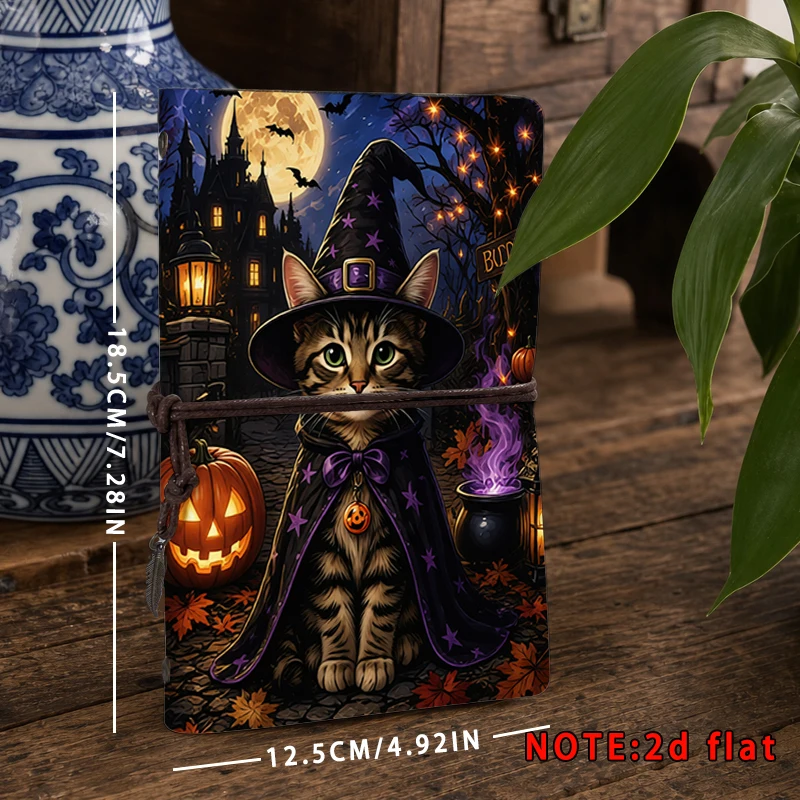 Halloween Travel Journal Witch Cat Pumpkin Castle Print Binding Notebook Spooky Night Scene Gothic Diary Stationery Gift