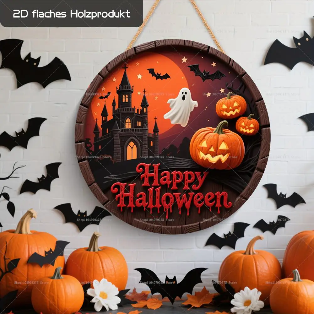 1-teiliges Halloween-Gothic-Schloss aus Holz, Fledermaus, Kürbislaterne, Hofschild, rundes Schild, kreative Dekoration, Schild für Zuhause, Garten, Terrasse