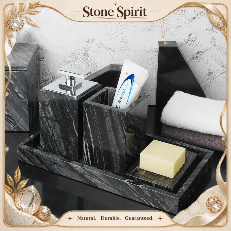 Tree Black Natural Marble Set for Bathroom Luxury Toothbrush Holder Soap Dispenser Soap Dish Tray Bathroom Accessories Sets