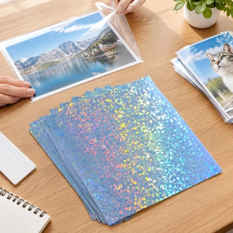 Clear Adhesive Laminating Sheets with Rainbow Reflective Finish, Guide-Lined Backing, 10 Sheets for Photos and Artwork 896C
