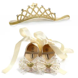 Zapatos de bebé con decoración de corazón de lazo, diadema de corona, zapatos de cinta de encaje suave hechos a mano, regalo de primer cumpleaños, cuna infantil, zapatos de bailarina