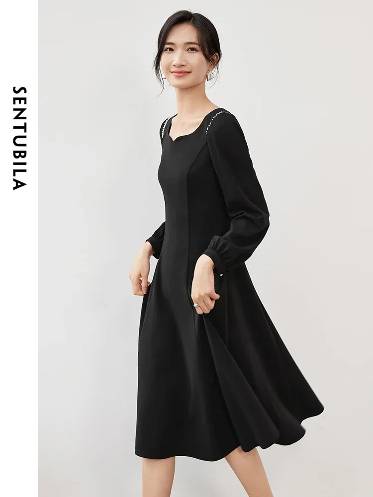 SENTUBILA French A Line Black Dress for Women 2024 Autumn Pearl Woven Tape Folds Long Sleeve Elegant Women Dress 143L56684