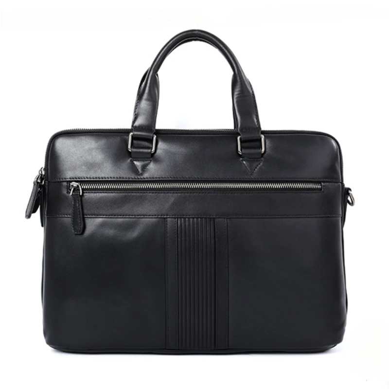 High Quality men's genuine leather Briefcases Double zipper Handbag cowhide Shoulder Laptop Bags Male office commut Travel Bag