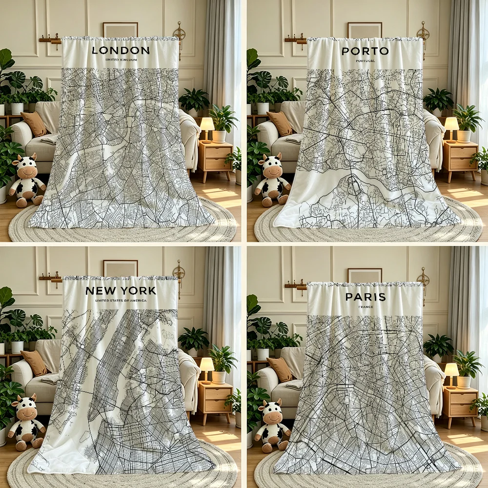 Black And White World City Map Blanket Throw Super Cosy Plush Living Room Sofa Couch Childish Birthday Gifts