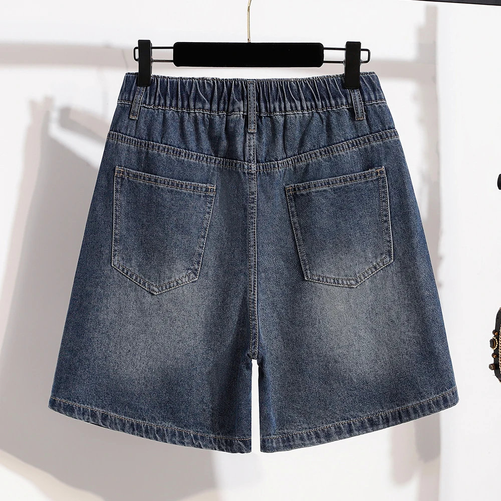 plus Size Women's Embroidered Diamond Short Jeans Half Elastic Loose Fit Summer Blue Cotton Polyester Blend Straight Leg Shorts