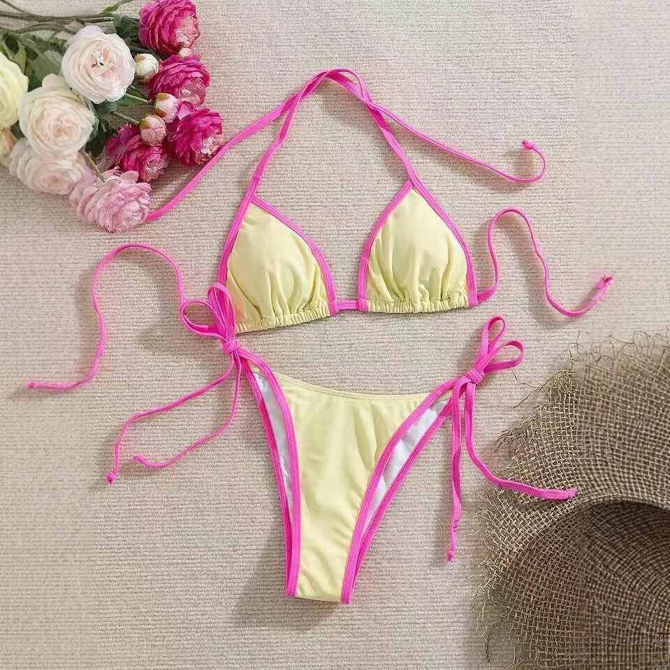 

2026 New Contrast Color Tie Side Bikini Set Women Triangle Halter Two Piece Swimsuit Sexy High Cut Beach Bathing Suit Swimwear