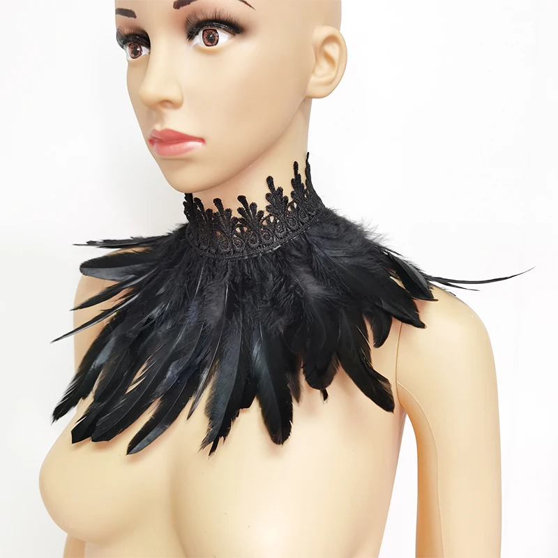 Lace Feather Fake Collar Victorian Gothic Natural Feather Choker Neck Wrap Collar Feather Cuffs Cosplay Party Stage Performance