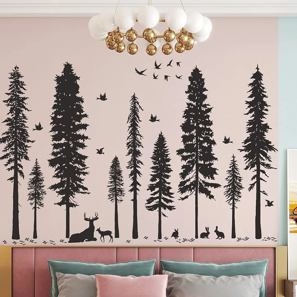 Large Pine Tree Bird Deer Wall Sticker Office Bedroom Forest Jungle Woodland Animal Wall Decal Baby Nursery Living Room Vinyl