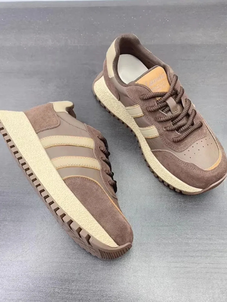 Vintage Spliced Genuine Leather Sneakers Comfortable Breathable Thick Bottom Running Sports Shoes Lace Up Walking Jogging Shoes image 2