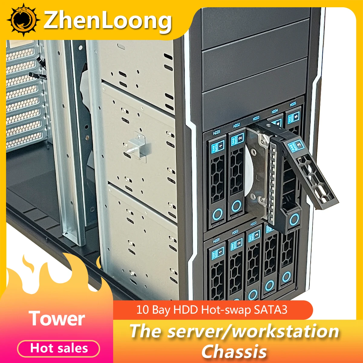 ZhenLoong Full Tower PC Case support Motherboard ITX MATX ATX EATX 10 Bay Hot Swap GPU Server Graphic Workstation NAS Chassis