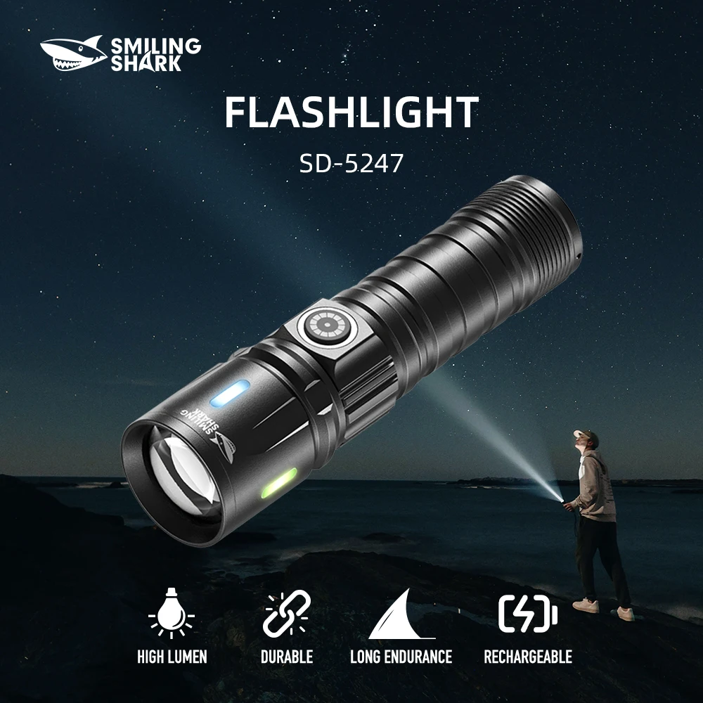 

Светодиодный фонарик Smiling Shark SD-5247, супер яркий ручной фонарик, долговечная перезаряжаемая вспышка для улицы