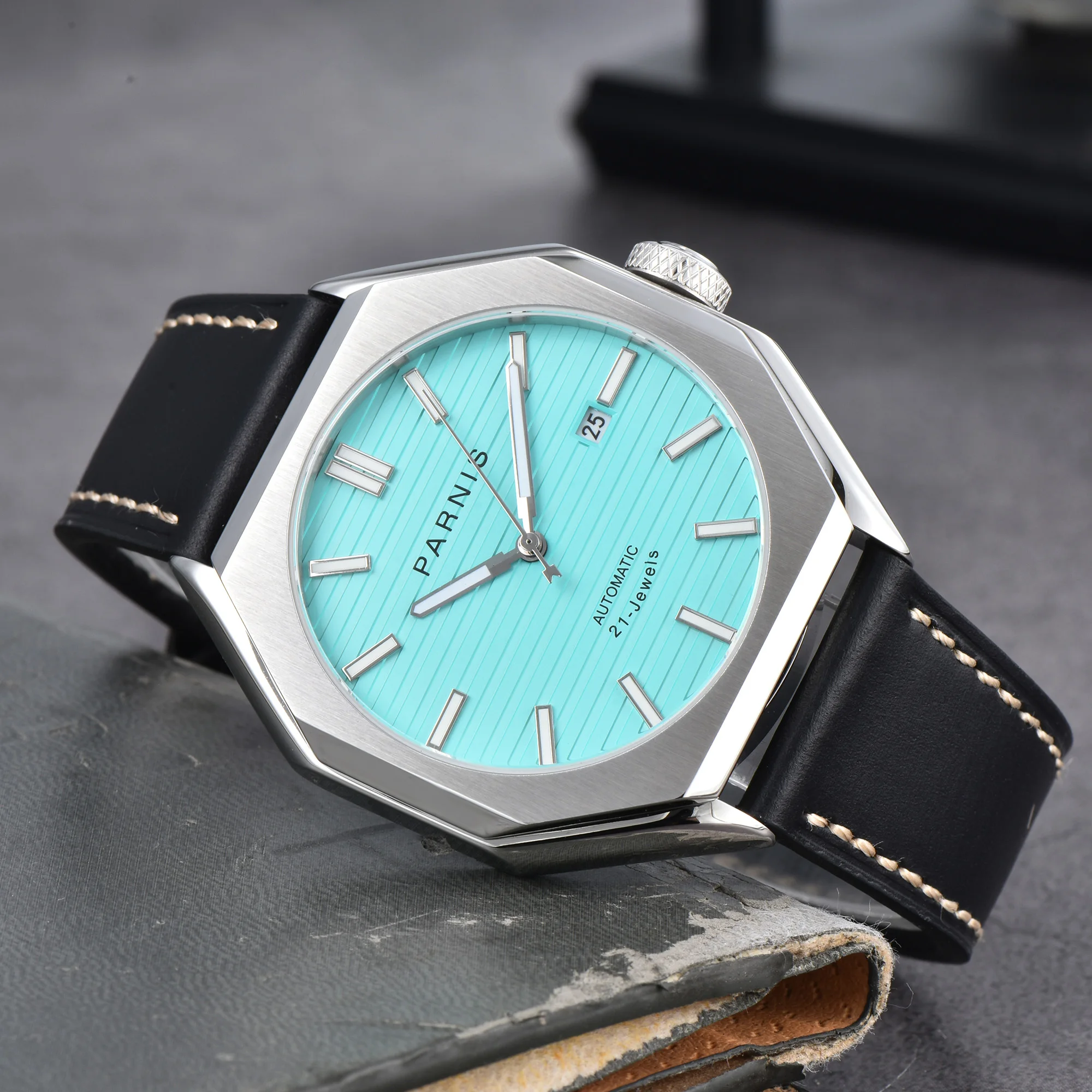 Nuovo Parnis 43mm quadrante blu orologio automatico da uomo cinturino in pelle cristallo di zaffiro Miyota 8215 orologio meccanico da uomo reloj hombre 2025