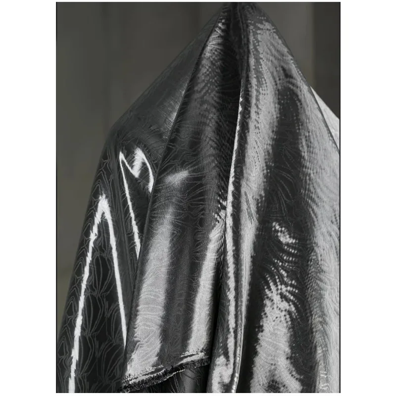 Mountain Range Black Liquid Metal Jacquard Super Bright Crystal Silk Satin Glossy Wide Fabric Clothing Designer Fabric