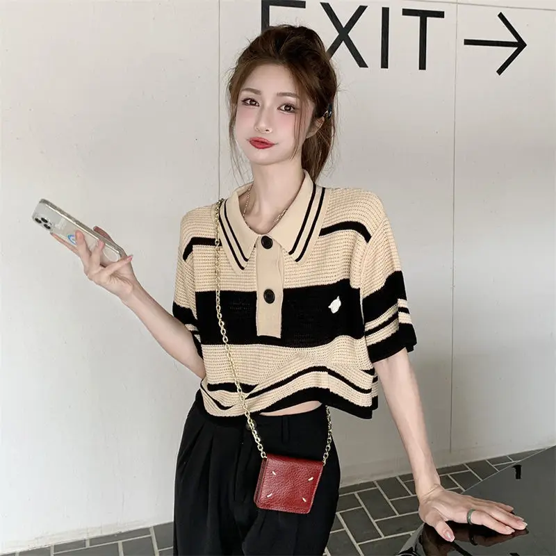 Office Lady Knitting Short Sleeve Shirts Ladies Fashion Striped Tops Summer Temperament Blouses All-match 2024 Women\'s Clothing