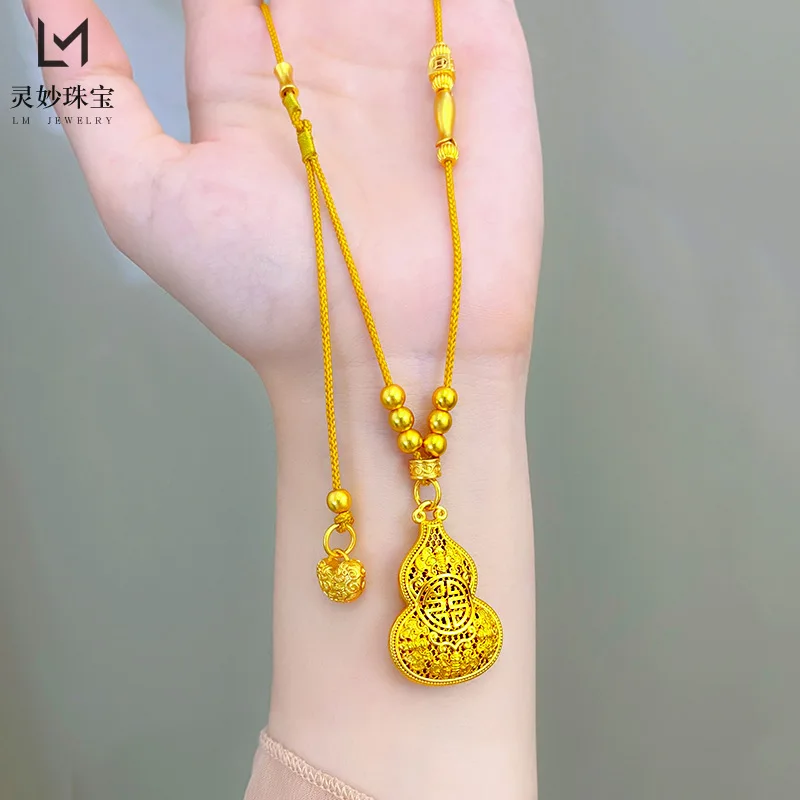 

9999 24K real gold luxury jewelry hollow flat gourd pendant sweater chain retro necklace for women giving mother gift