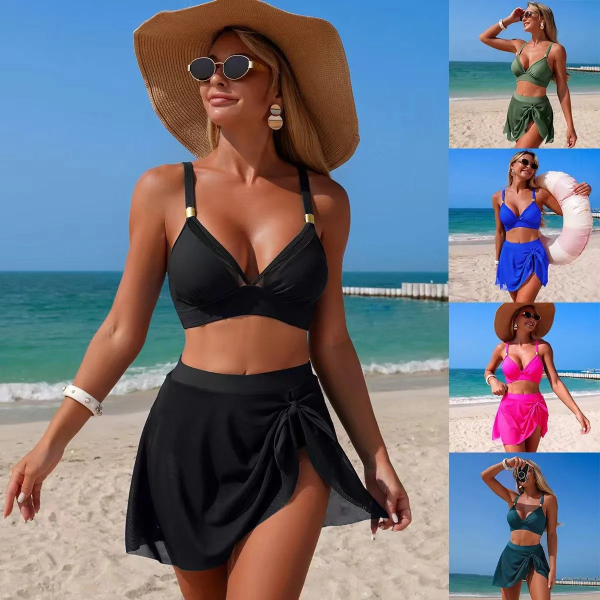 

Black Bikini Teal Running Gym Bikinis Sleeveless Crop Top Thin Straps Swimwear High Waist Skirt Sheer Mesh Two Piece Set