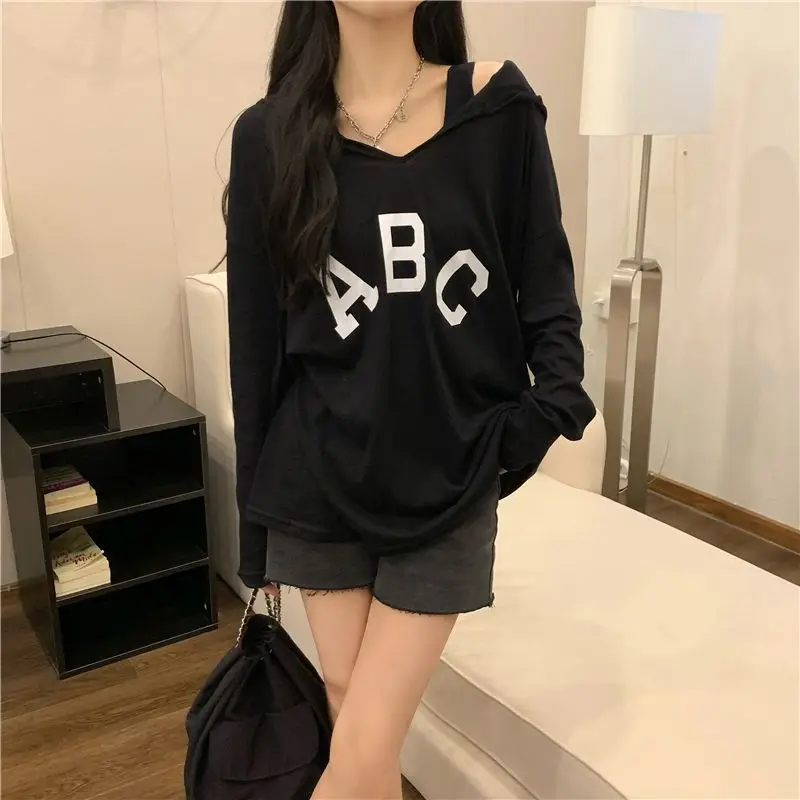 Hooded Thin Long Sleeve Tops Tees Summer New Printing Letter Solid Color Loose Trend Casual T Shirts Fashion Sweet Women Clothes