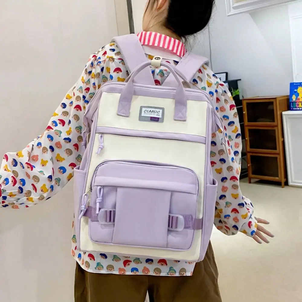 حقيبة ظهر ذات سعة كبيرة قابلة للتعديل ومضادة لرذاذ الماء بألوان متباينة كاجوال من النايلون على الطراز الكوري حقيبة مدرسية ناعمة للنساء #3