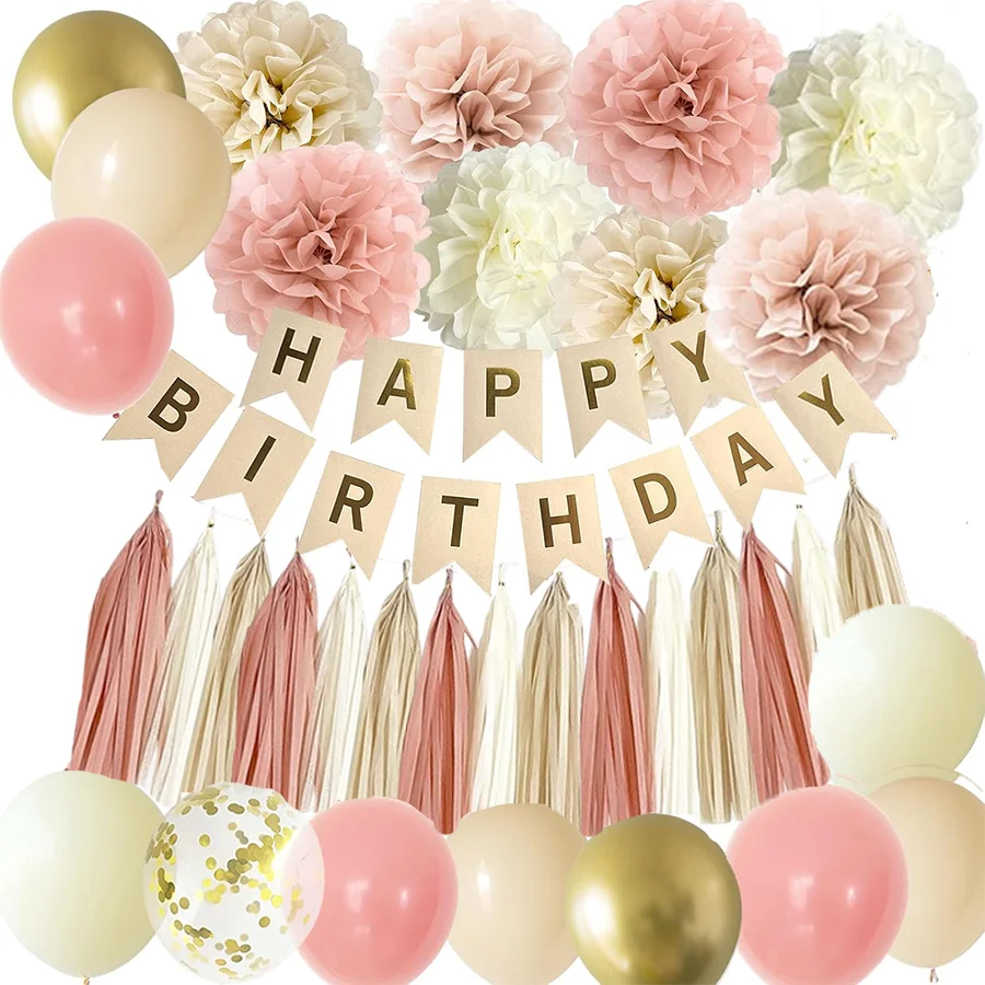 Décorations de fête bohème, rose rétro, rose poudré, blush, nude, ivoire, bannière, ballons, femmes, 15e, 21e, 30e anniversaire, fête neutre
