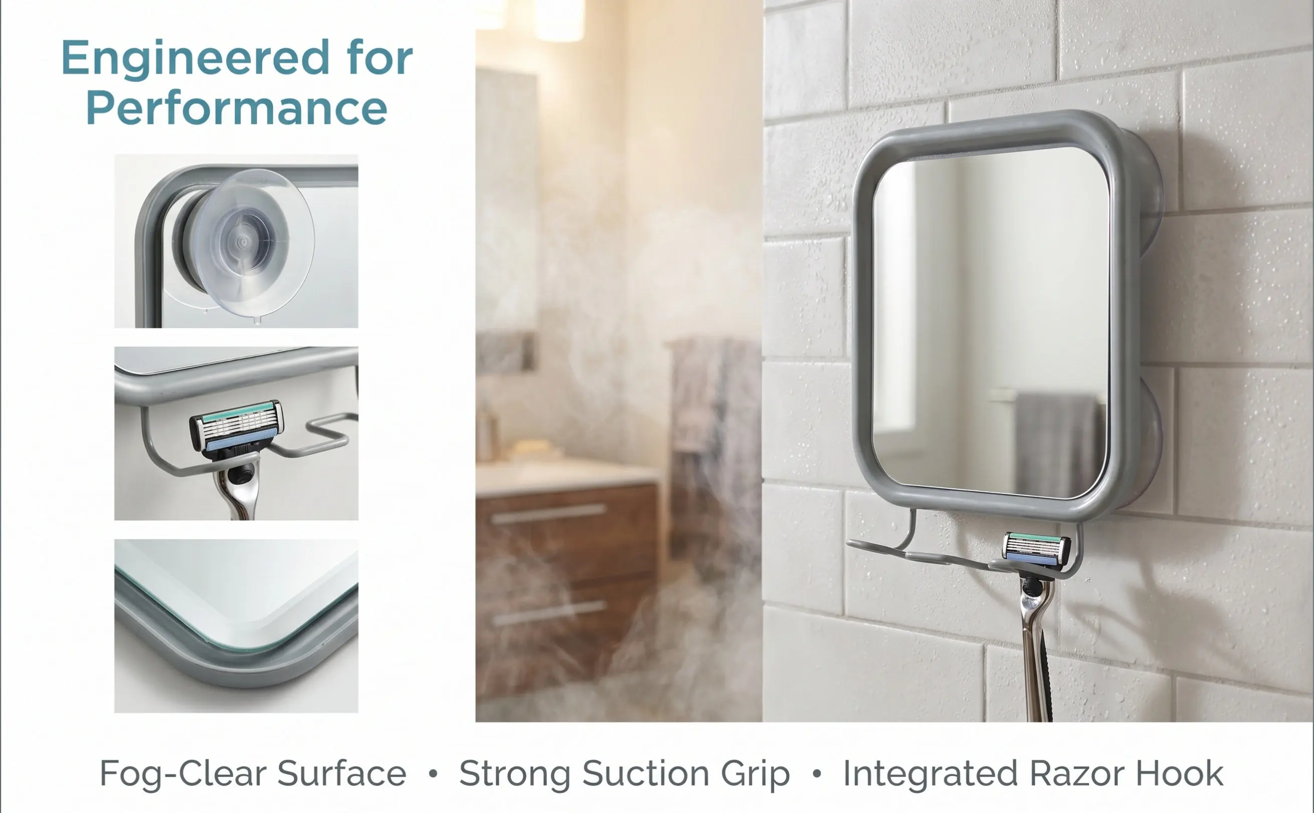 Shower Mirror Fogless Suction Cup Design Hd Reflective Surface for Bathroom Shaving Makeup Vanity Wall Mount No Damage