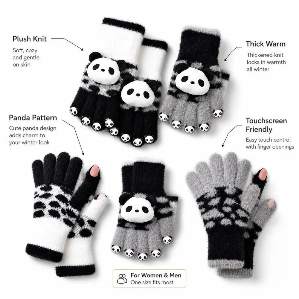 1pair Hand Gloves Winter Gloves Open Fingertips Knit Fabric Touchscreen Gloves Panda Pattern Thickened Warm