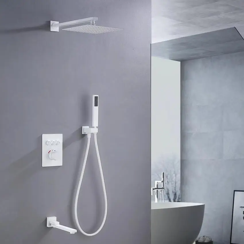 white color square Rain Shower Head 3 wayThermostatic Bath 10 inch Shower Set Wall Mounted thermostatic shower set IS609