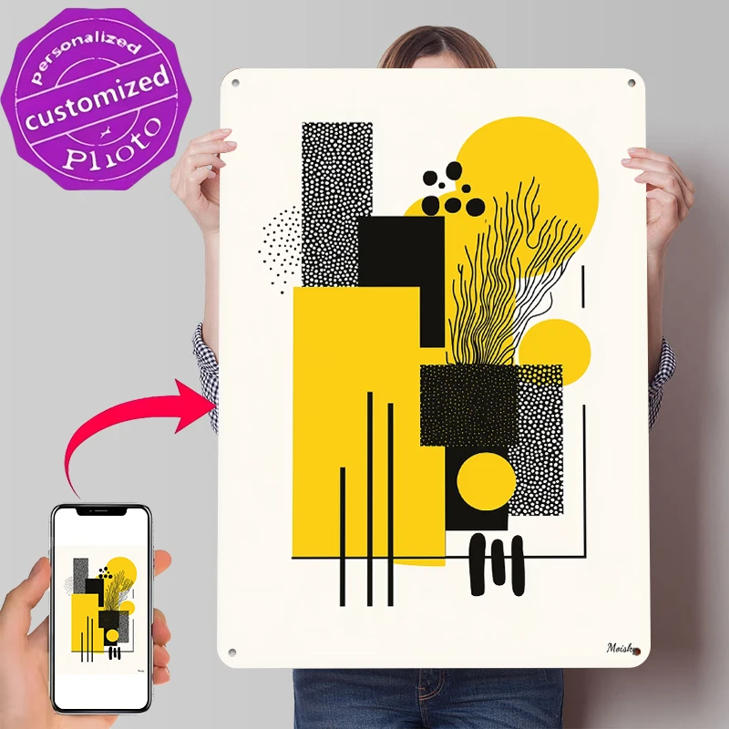 Bold Yellow & Black Geometric Abstract Metal Poster Customized Wall Art Retro Vintage Metal Signs for Man Cave Room Ornaments