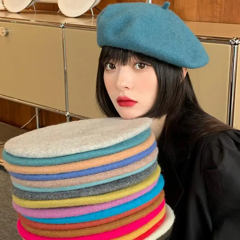 Wool Beret Hat For Women Autumn Winter Retro British Candy Colored Solid Soft Berets Flat Vintage Painter Cap Casual Keep Warm