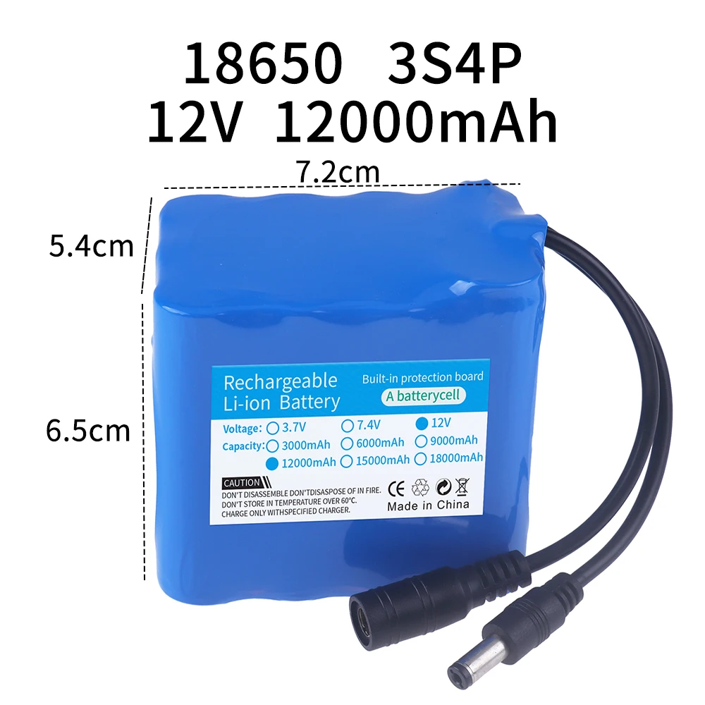 12V 12000mah Battery 3S4P Real capacitance Rechargeable Lithium Ion Battery Pack Capacity DC 12.6v 12Ah CCTV Cam Monitor+Charger