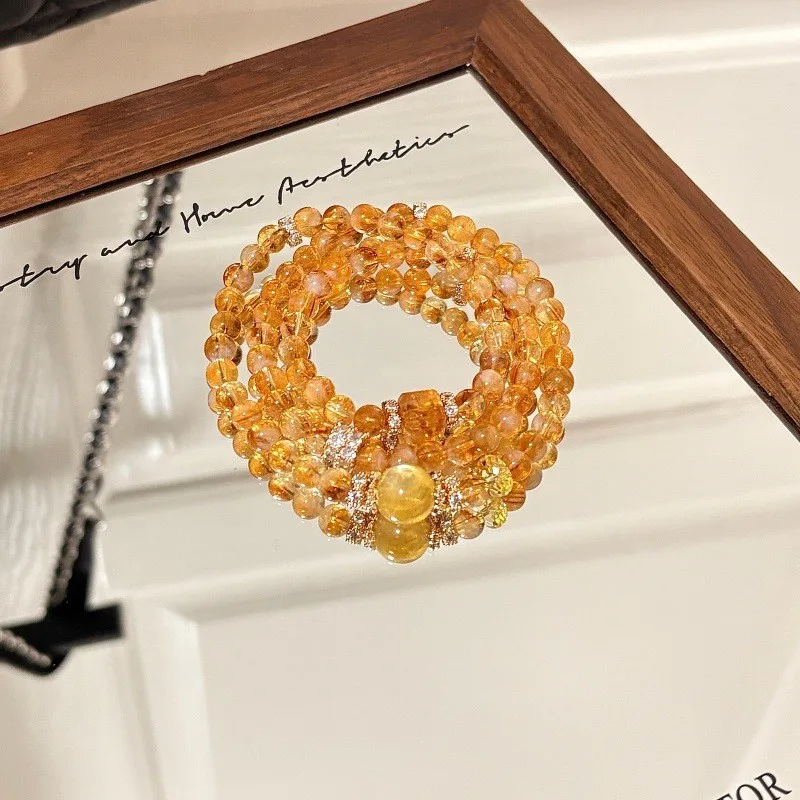 Triple Wrap Bracelet with Round Bead in Crystal and Yellow Tower Quartz Gold Color 6mm Bead Diameter for Women
