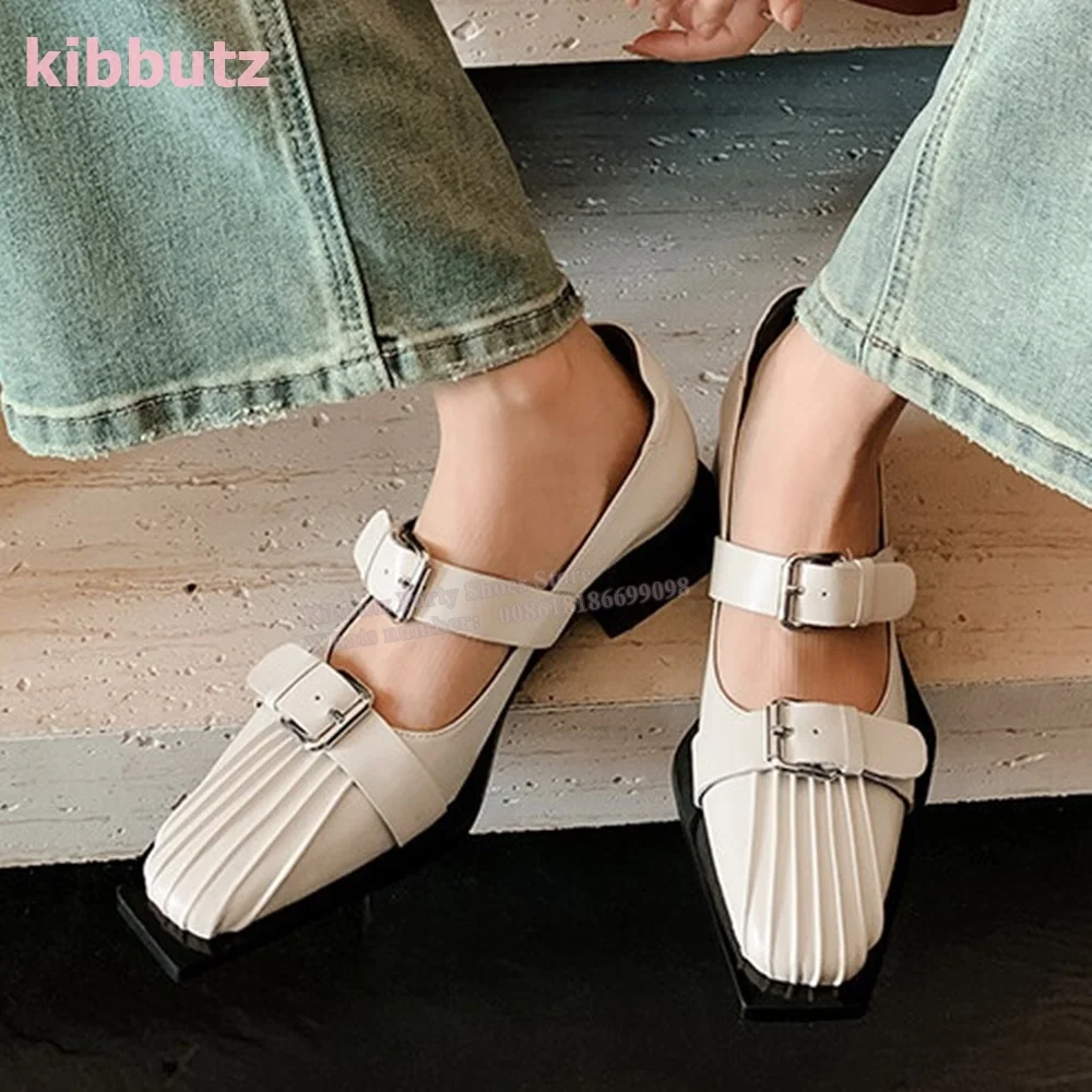 Genuine Leather Pumps Pleated Square Toe Square Heel Belt Buckle Mixed Color Fashion Elegant Concise Sexy Women Shoes Newest