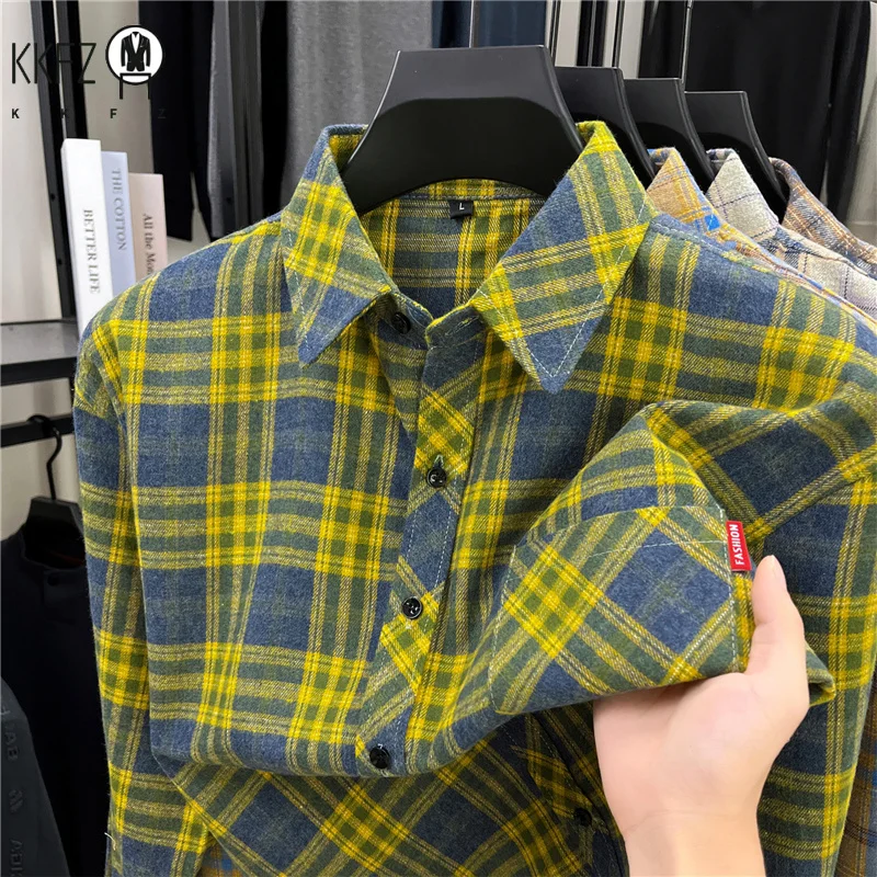 Fashion Check Pattern Men Long Sleeve Shirt Classic Lapel Design Versatile Matching Layer Outfit Street Casual Shirt