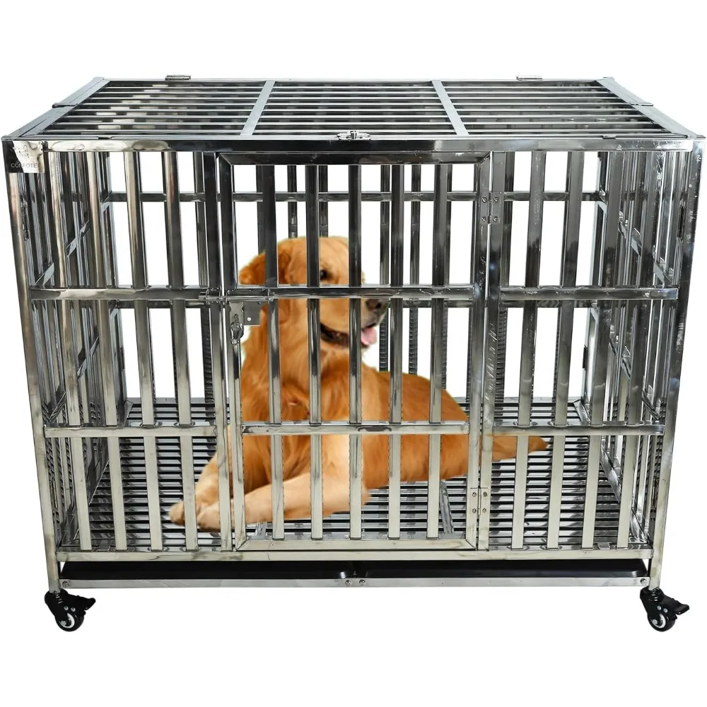 

Confote 42 Inch Heavy Duty Stainless Steel Dog Cage High Anxiety Indestructible and Escape-Proof Dog Crate Kennel for Large Medi