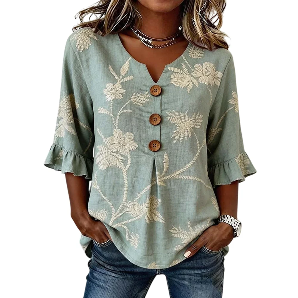 Boho Tropical Botanical Print Women's Blouse Notch V Neck 3/4 Ruffle Sleeve Button Loose Flowy Top for Vacation Beach Daily Wear