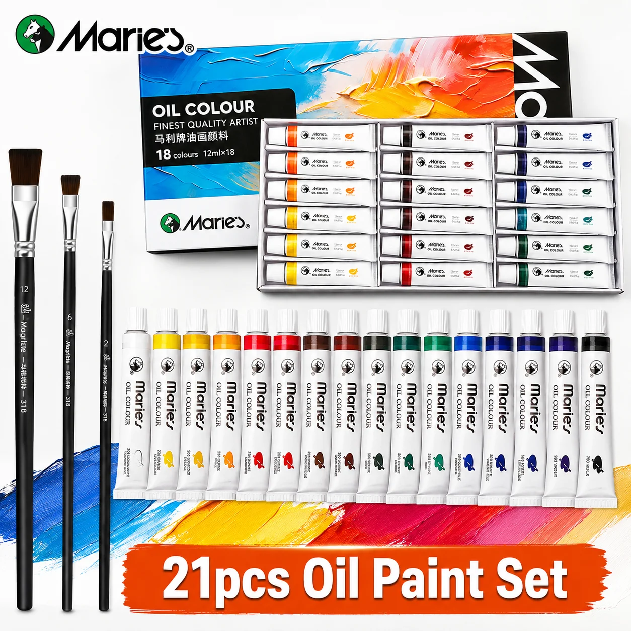 21pcs Professional Marie's Oil Painting Kit,18 Colors 12ml/0.4oz Paint Tubes & 3 Brushes for Texture Building,Landscape,Canvas