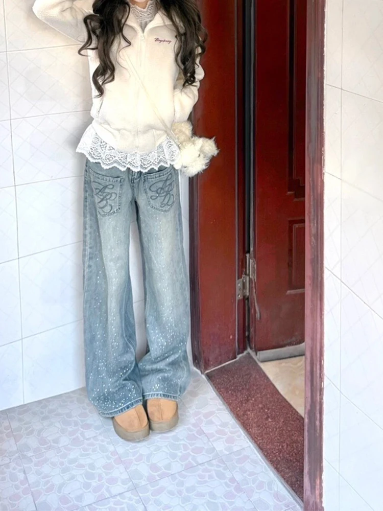 

Широкие джинсовые джинсы с ромбовидной вышивкой в стиле ретро, женские зимние брюки прямого кроя для похудения, повседневные брюки с высокой талией на молнии