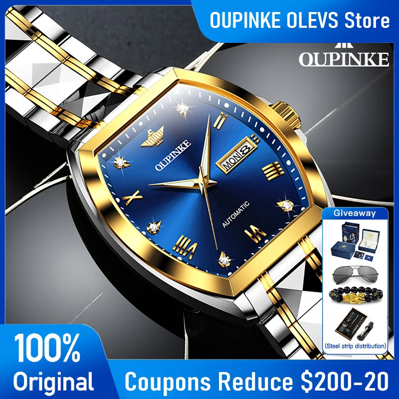 

OUPINKE 3200 Mens Watch High Quality Luxury Automatic Mechanical Watch 50M Waterproof Calendar Week Tonneau Watches For Man Box