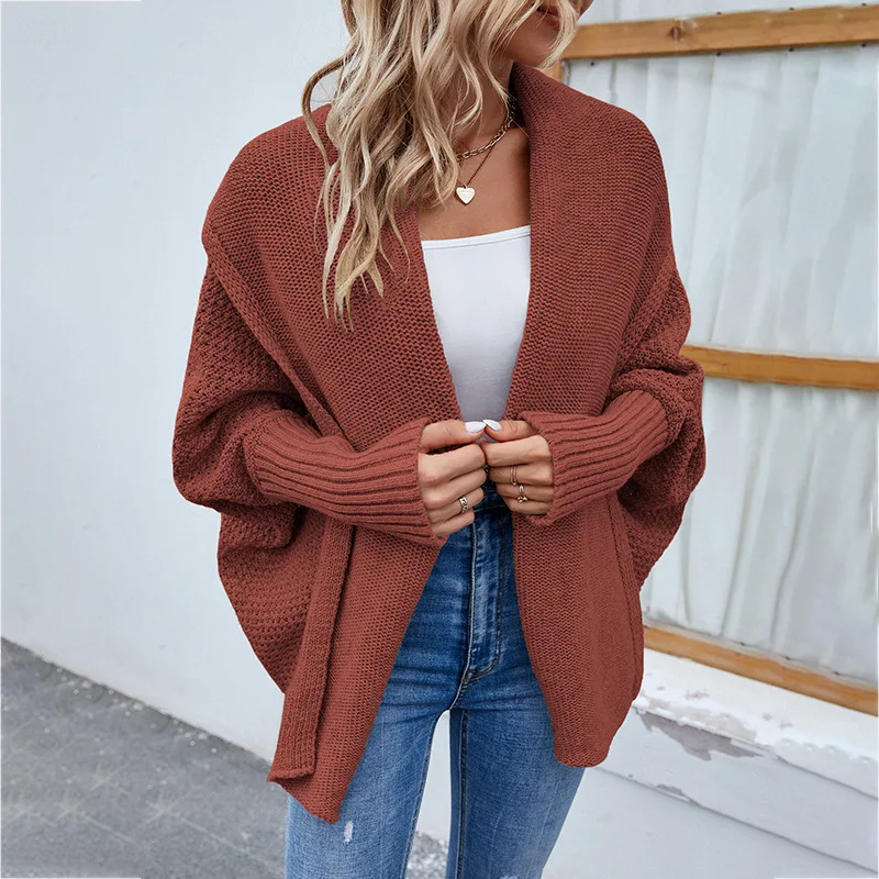 Women Autumn and Winter Fashion New Scarf Collar Cardigan Sweater Solid Color Leisure Versatile Mid-length Batwing Sleeve Coat