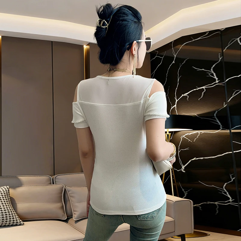 Summer Sexy Off-Shoulder Beaded Ruffle T-Shirt For Women's O-Collar Casual Mesh Patchwork Short Sleeve Solid Color Top Shirt