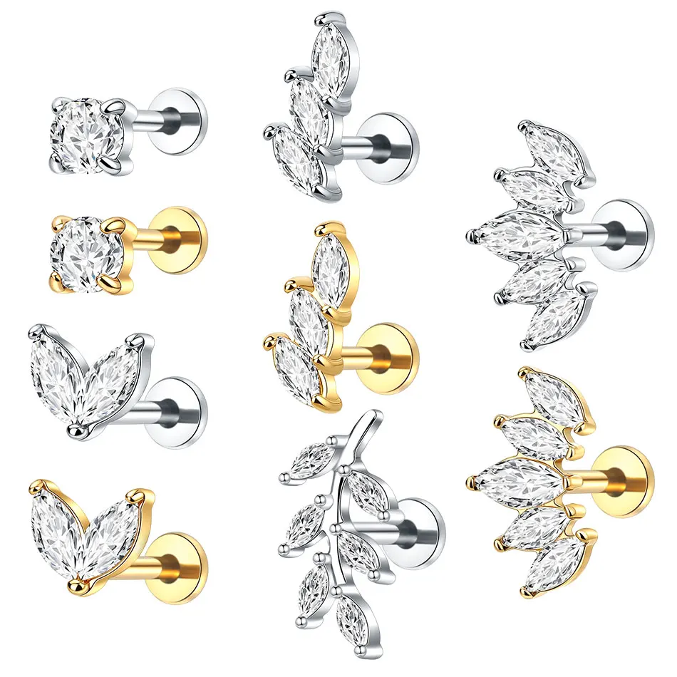 1pc Stainless Steel Cubic Zirconia Stud Earrings for Women Internally Threaded Tragus Helix Labret Piercing Body Jewelry