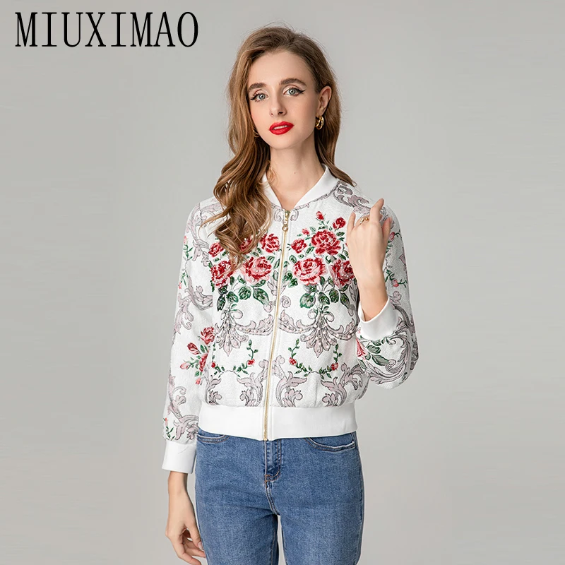 

MIUXIMAO 2025 Lady Spring Fall Jacket Full Sleeve Red Rose Flower Leaf Jacquard Royal Diamonds Outerwear Women Vestides