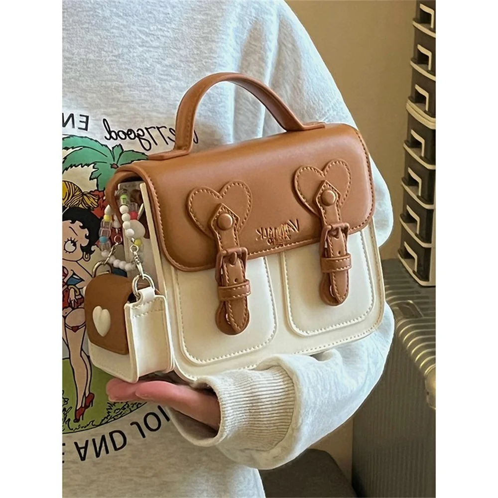Women New Niche Design Colorblock Cream Cute Mini Square Top Handle Shoulder Crossbody Satchel Bag Daily Commuter