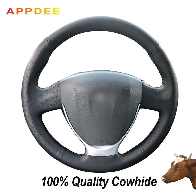APPDEE Hand-stitched Black PU Genuine Leather Car Steering Wheel Cover for Lada Granta 2018-2019 Priora 2 2013-2018 Kalina 2