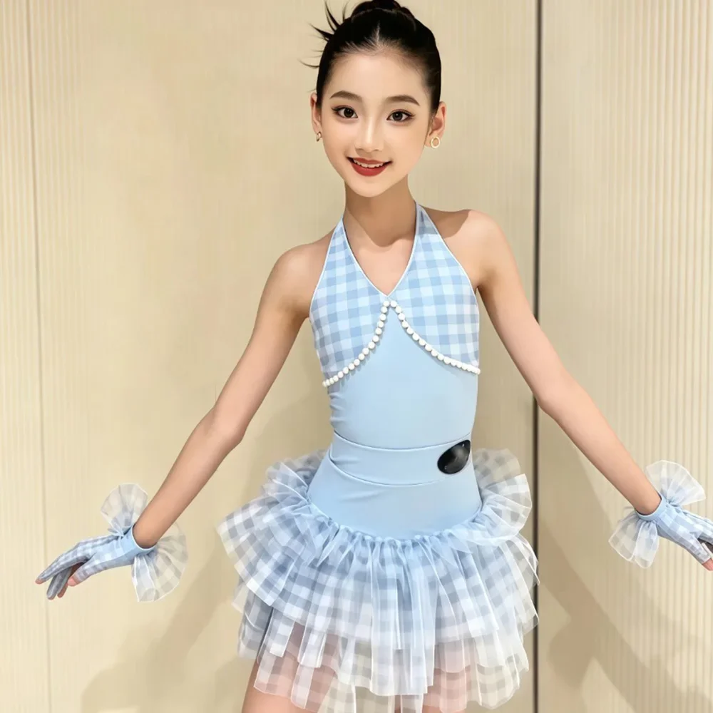 Latin Dance Costume Children's Blue Grid Pearl Hanging Neck Plaid Fluffy Skirt Dance Practice Performance Dancewear