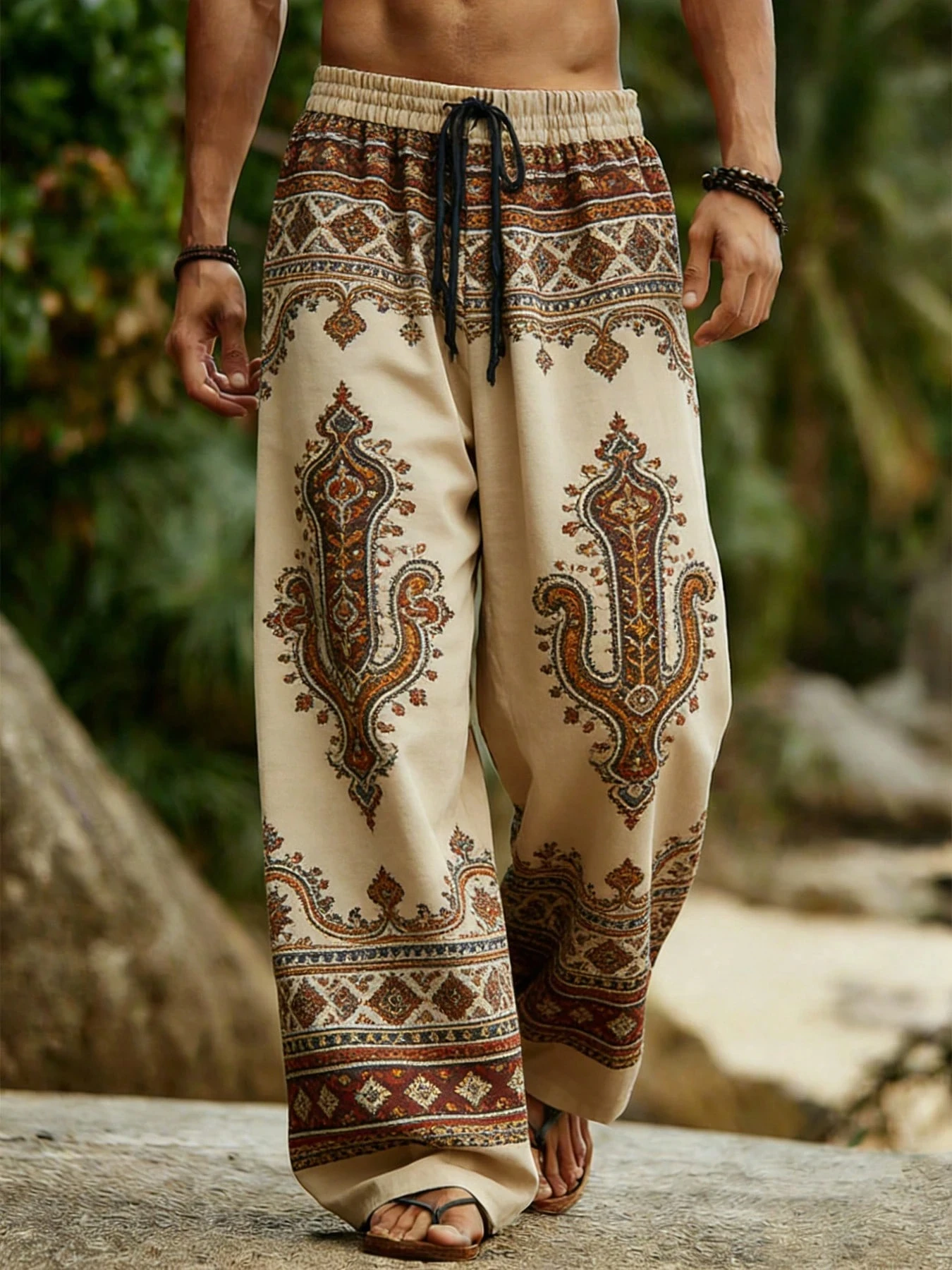 

Unique Art Digital 3D Print Men's Wide Leg Pants, Street Style Loose Wide Cuff Soft Skin-friendly Trousers for Home Outdoor Trip